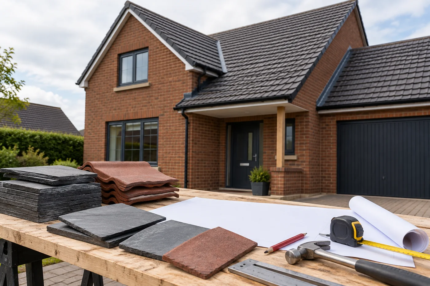 Roofing tools, material samples and a blank plan