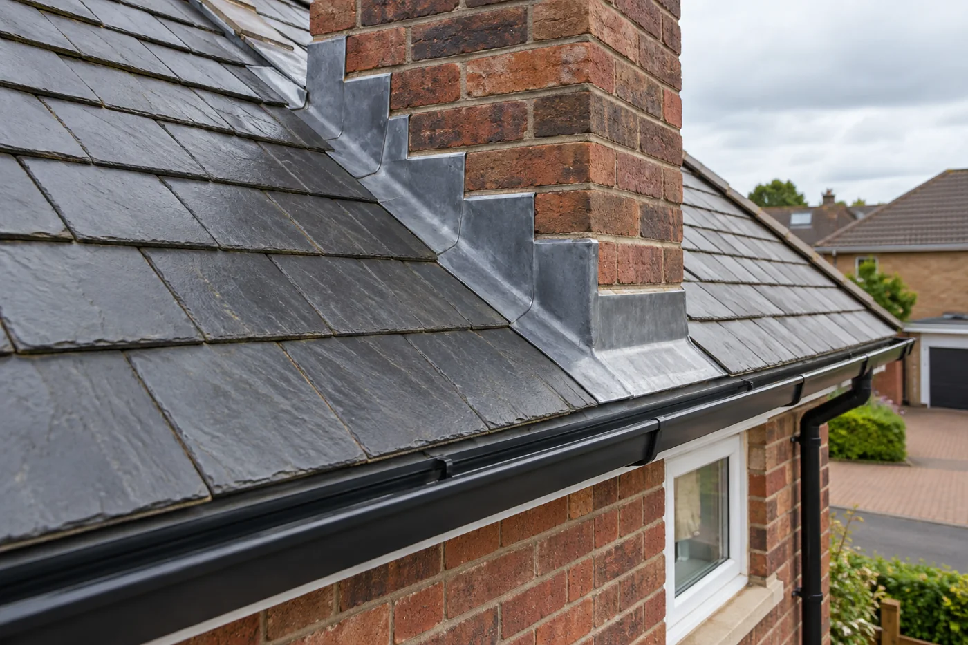 Chimney flashing and overlapping slate roof coverings