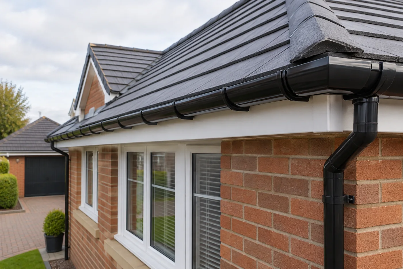 Guttering, fascia and downpipe beneath domestic roof eaves