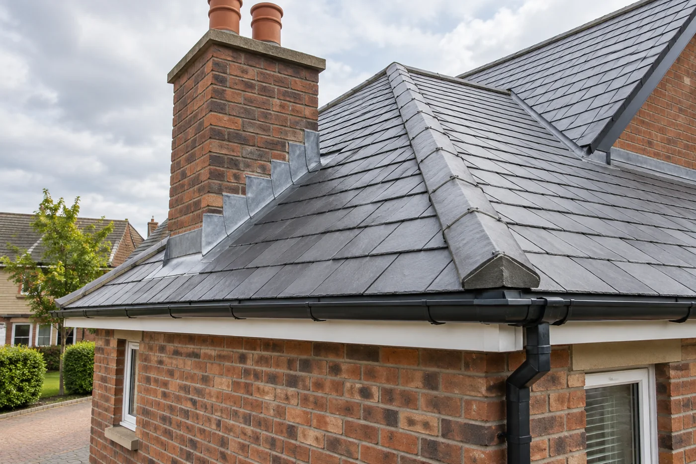 Chimney flashing and overlapping slate roof coverings