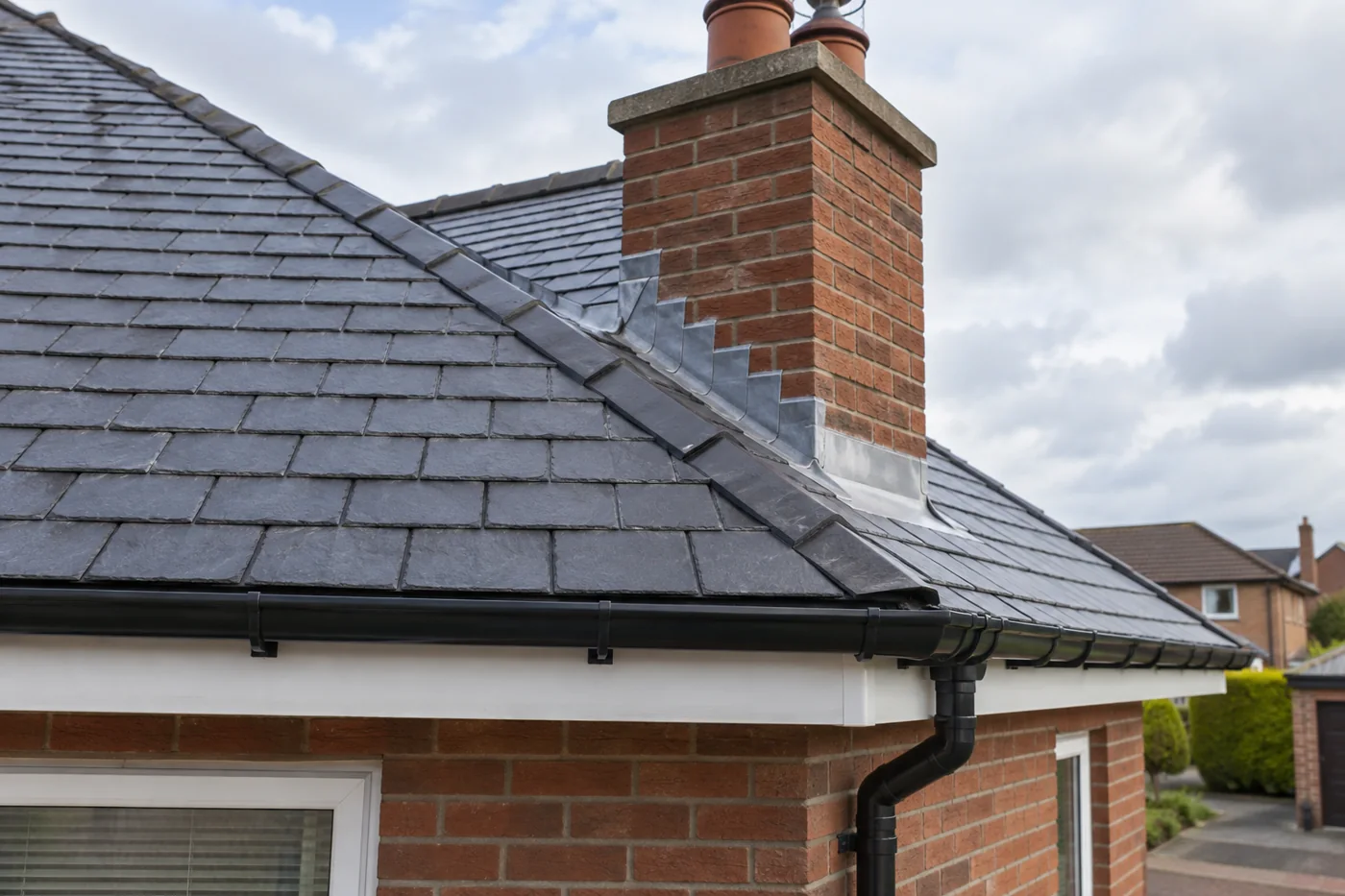 Chimney flashing and overlapping slate roof coverings