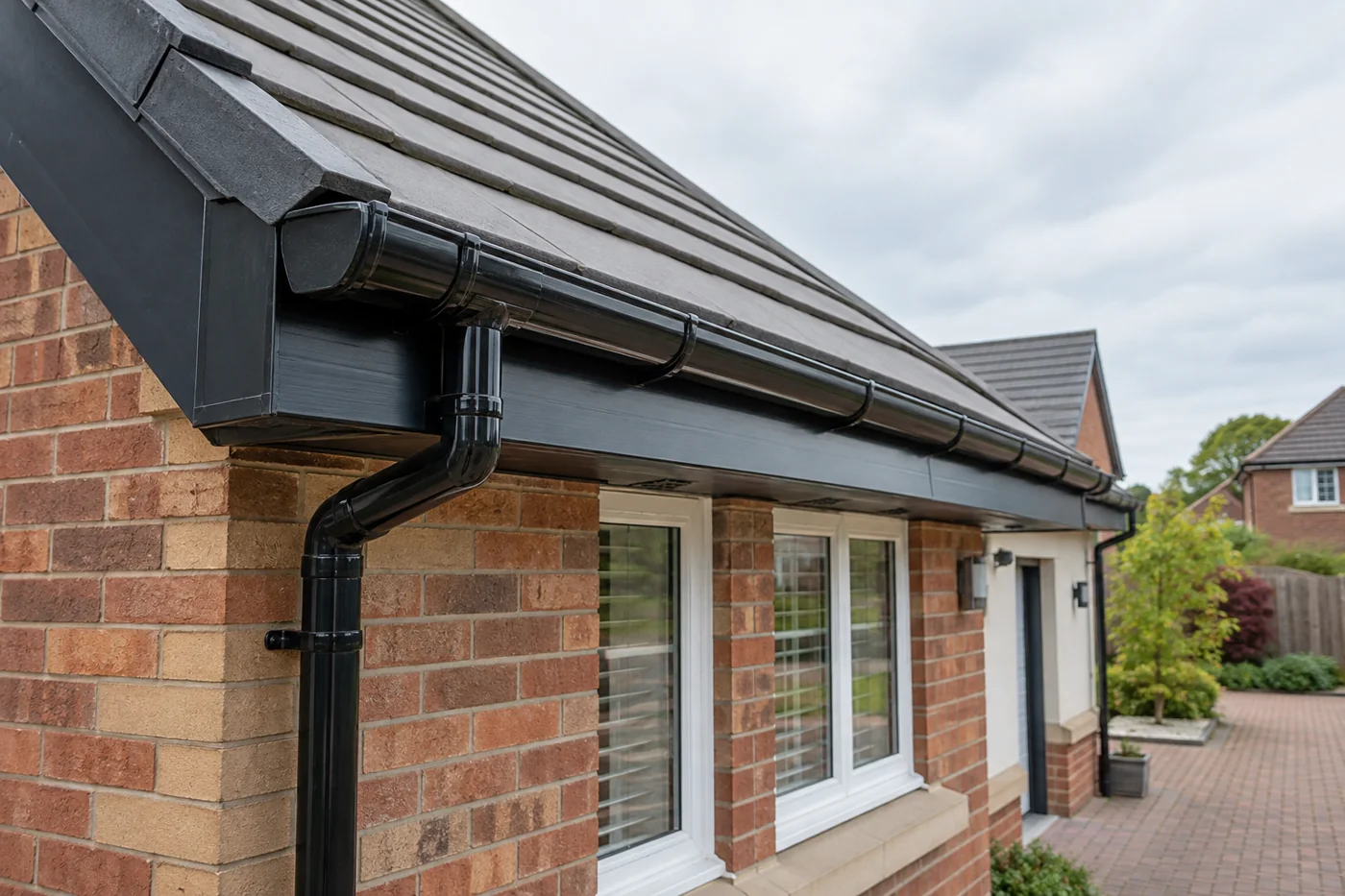 Guttering, fascia and downpipe beneath domestic roof eaves