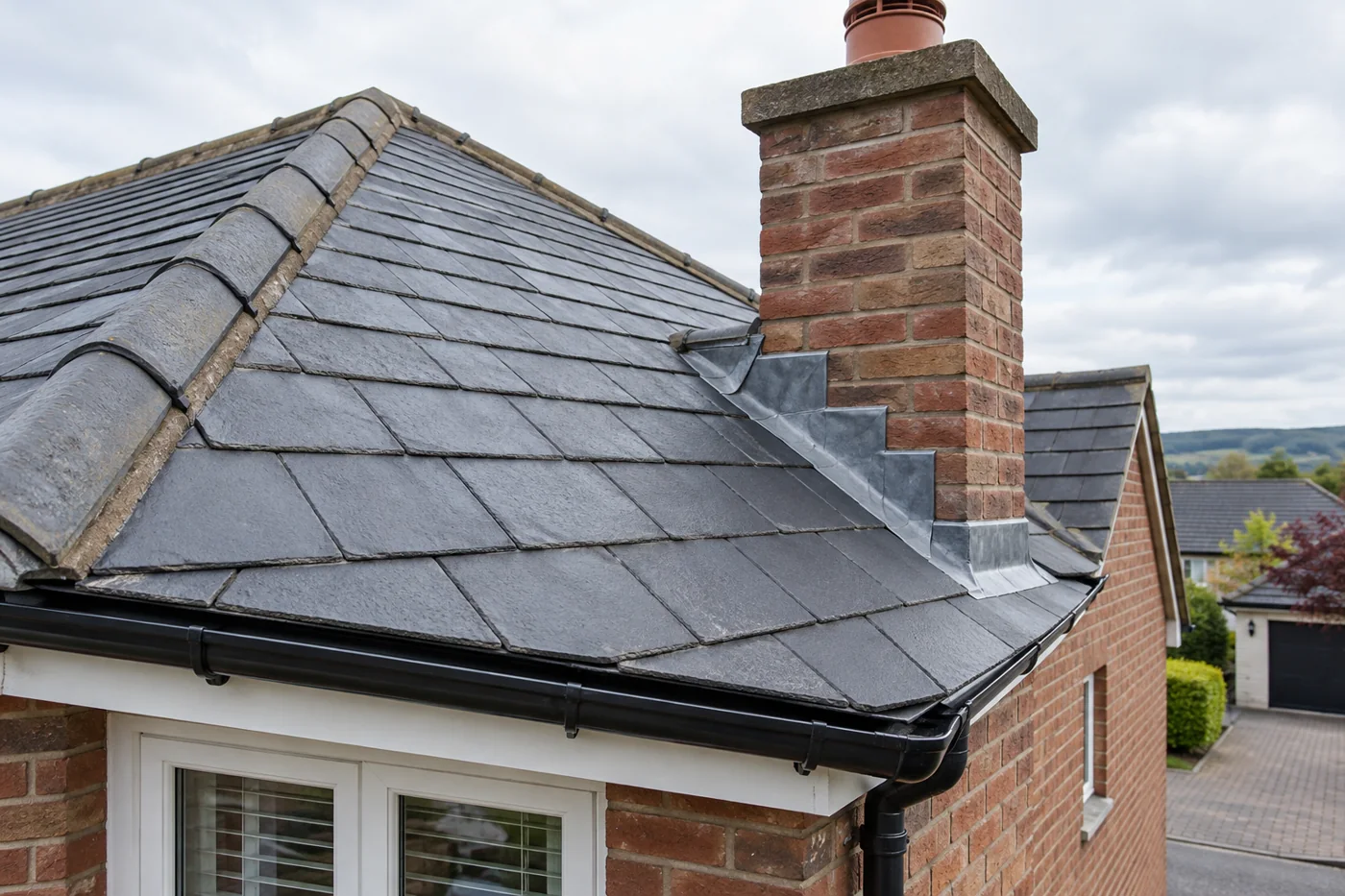 Chimney flashing and overlapping slate roof coverings