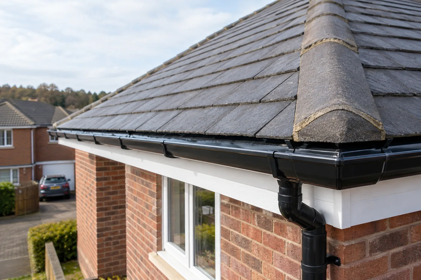 Guttering, fascia and downpipe beneath domestic roof eaves
