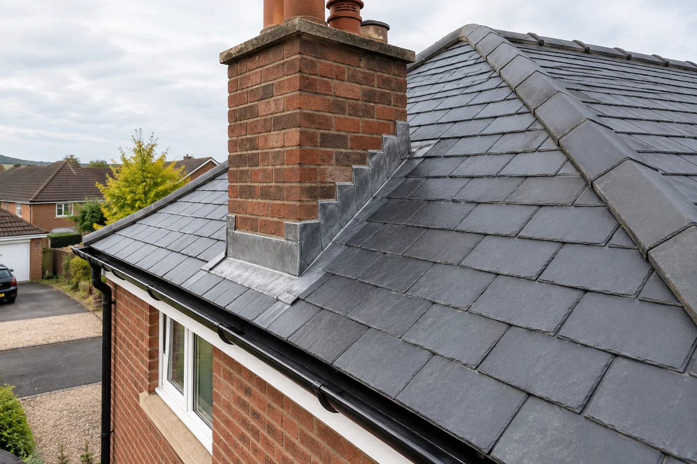 Chimney flashing and overlapping slate roof coverings