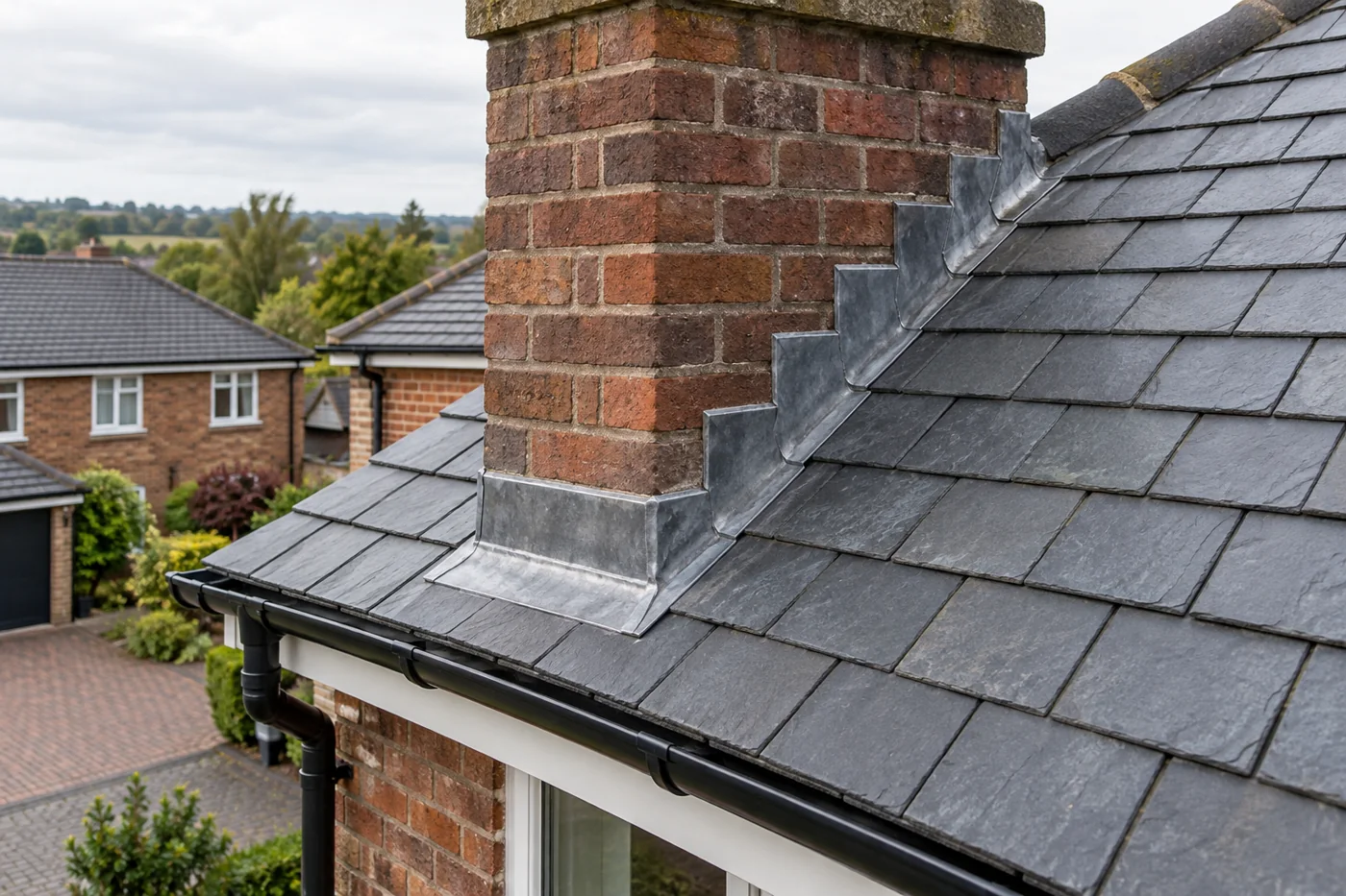 Chimney flashing and overlapping slate roof coverings
