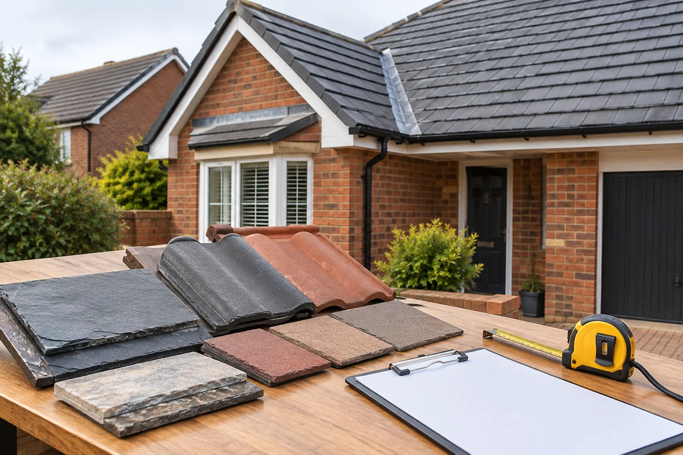 Roofing material samples and measuring tools