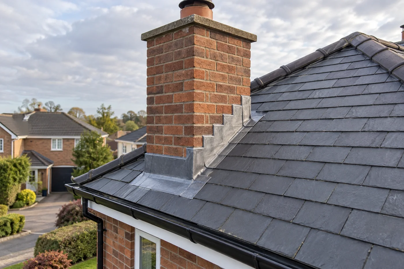 Brick chimney and stepped lead flashing
