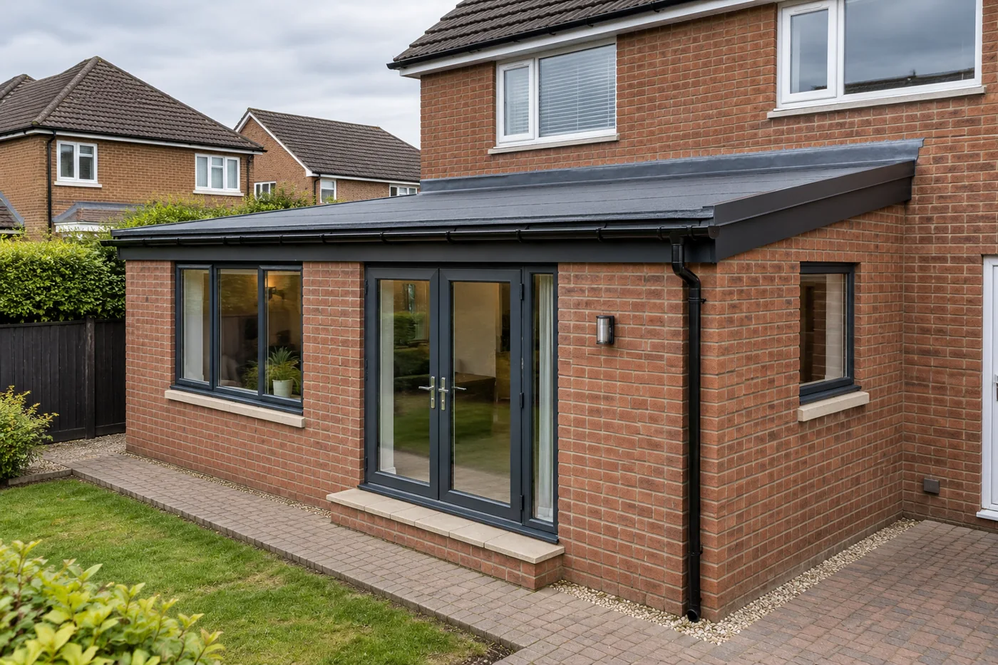 Flat roof extension with perimeter trim