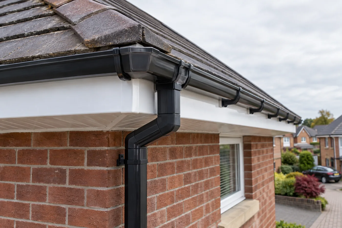 Guttering and fascia beneath domestic eaves
