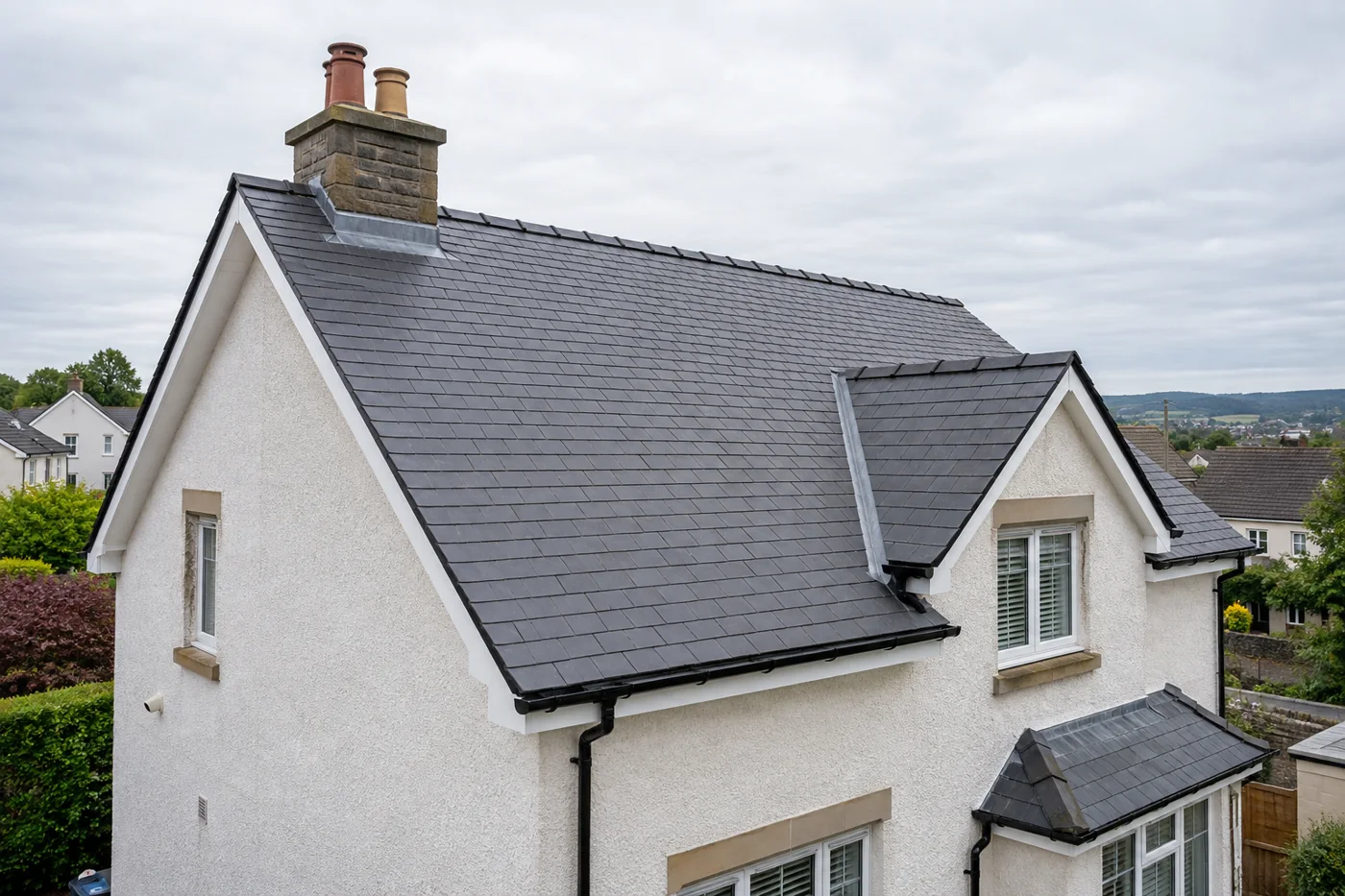 Domestic gable roof showing chimney and roof edges