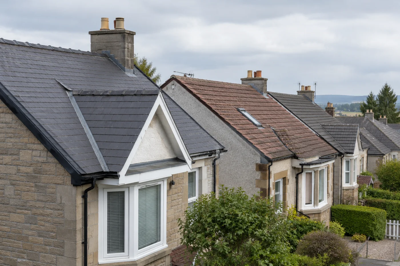 Pitched roofs along a residential street