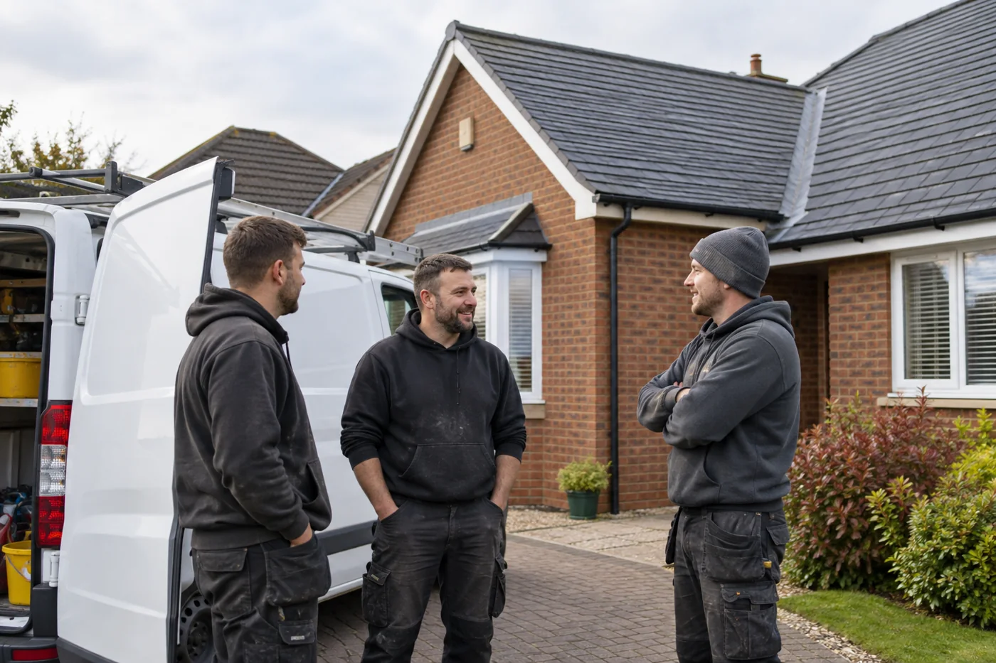 Three roofers in workwear beside an unlettered white van