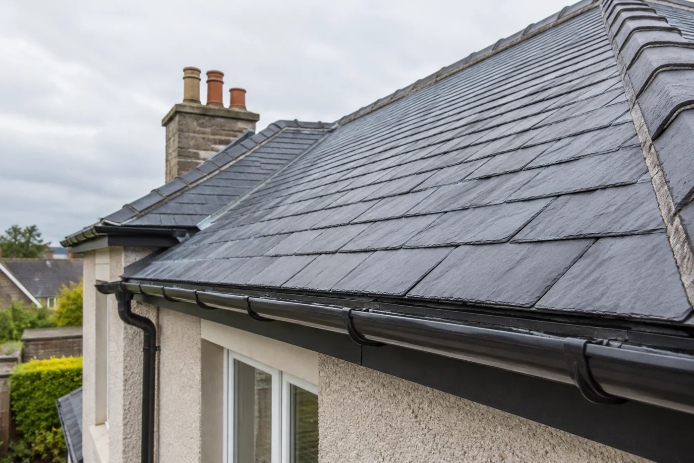 Natural slate roof eaves and gutter edge