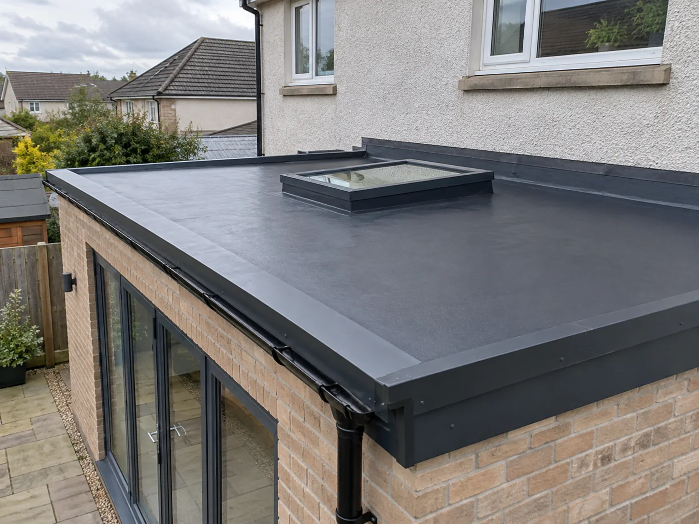 Dark flat extension roof with rooflight