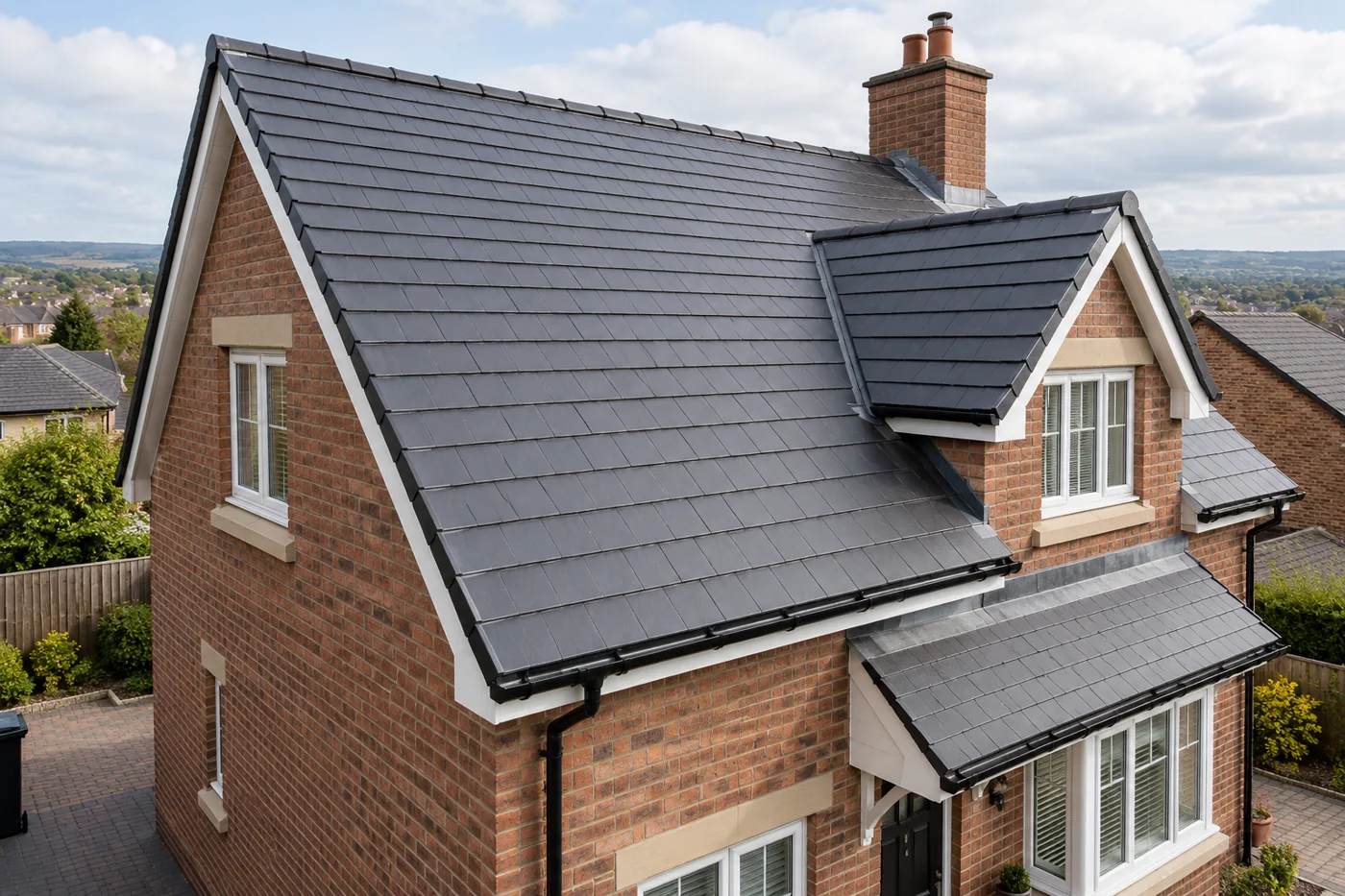 Pitched domestic roof with chimney and eaves