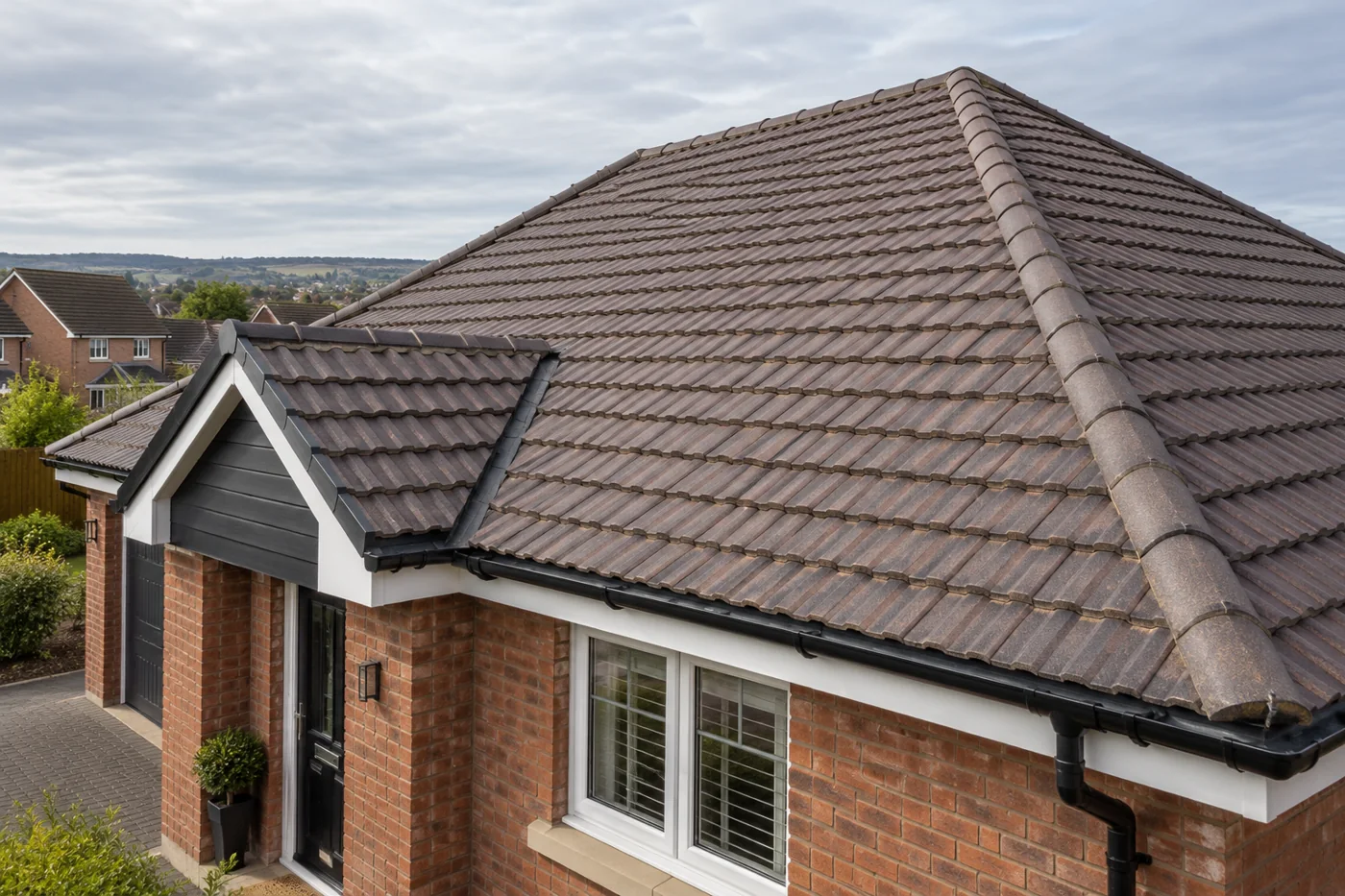 Tiled pitched roof and ridge