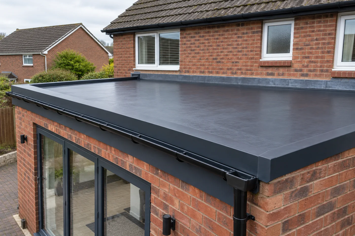 Flat roof extension with dark roof covering