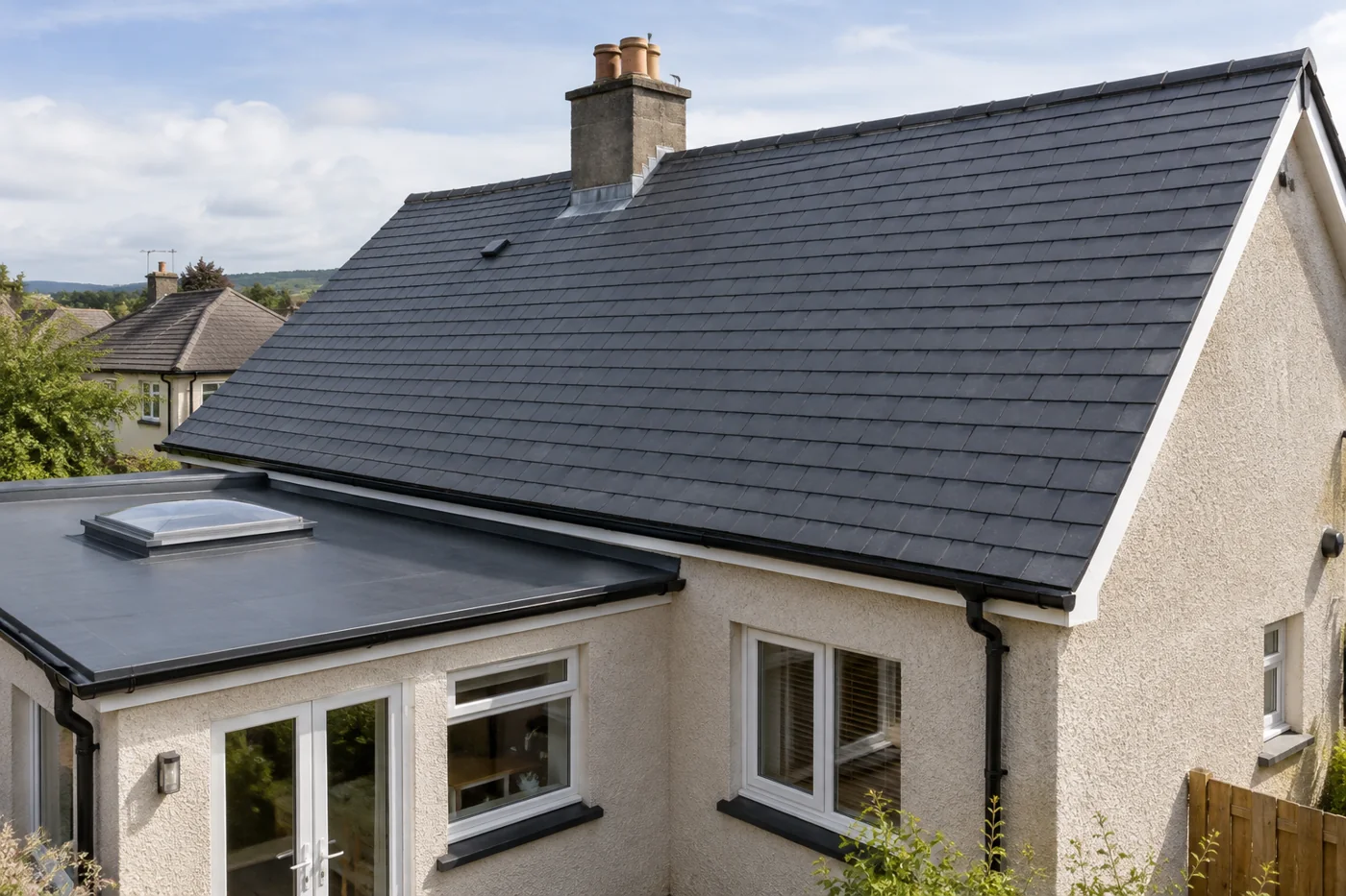 Pitched roof with a domestic flat roof extension