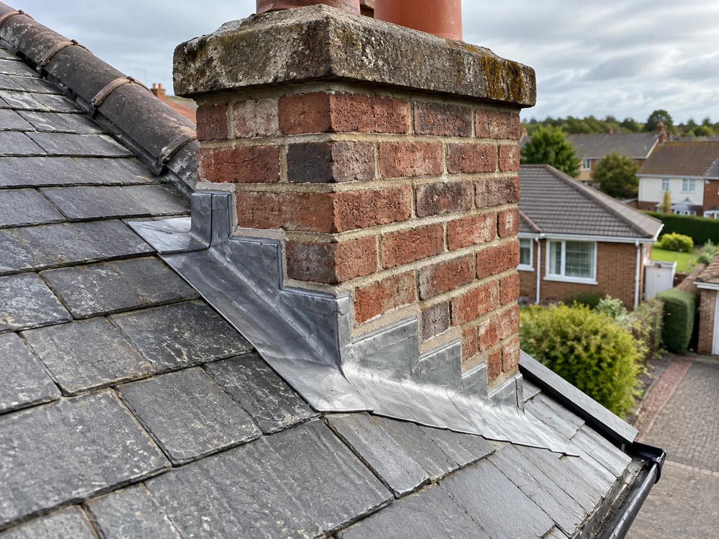 Brick chimney pointing and lead apron
