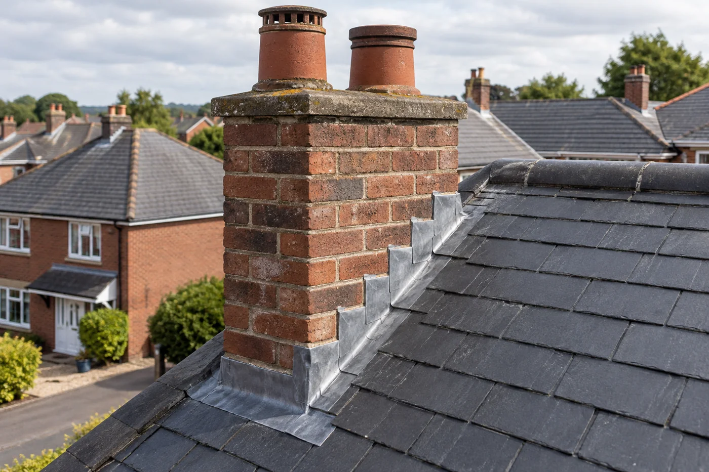 Brick chimney and lead flashing on a pitched roof