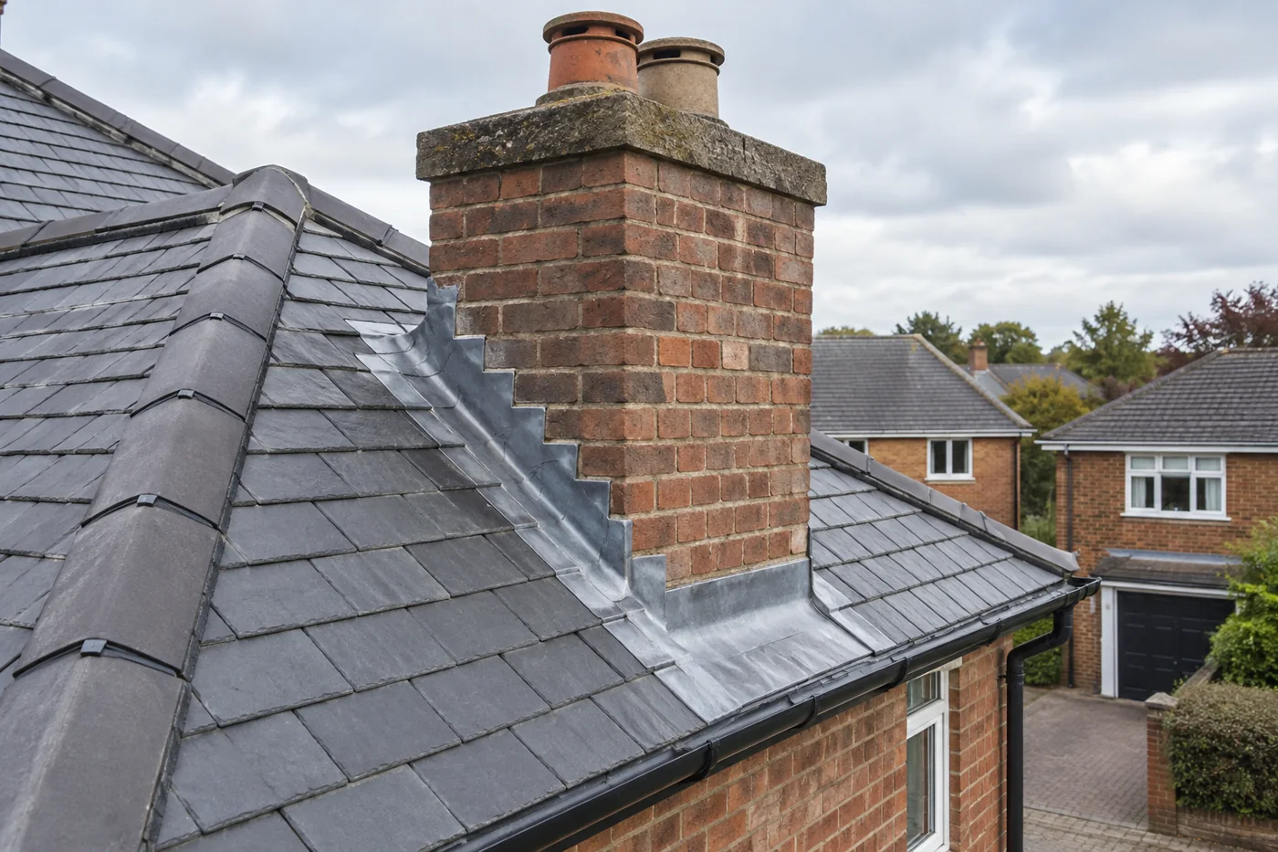Chimney junction with stepped flashing and slates