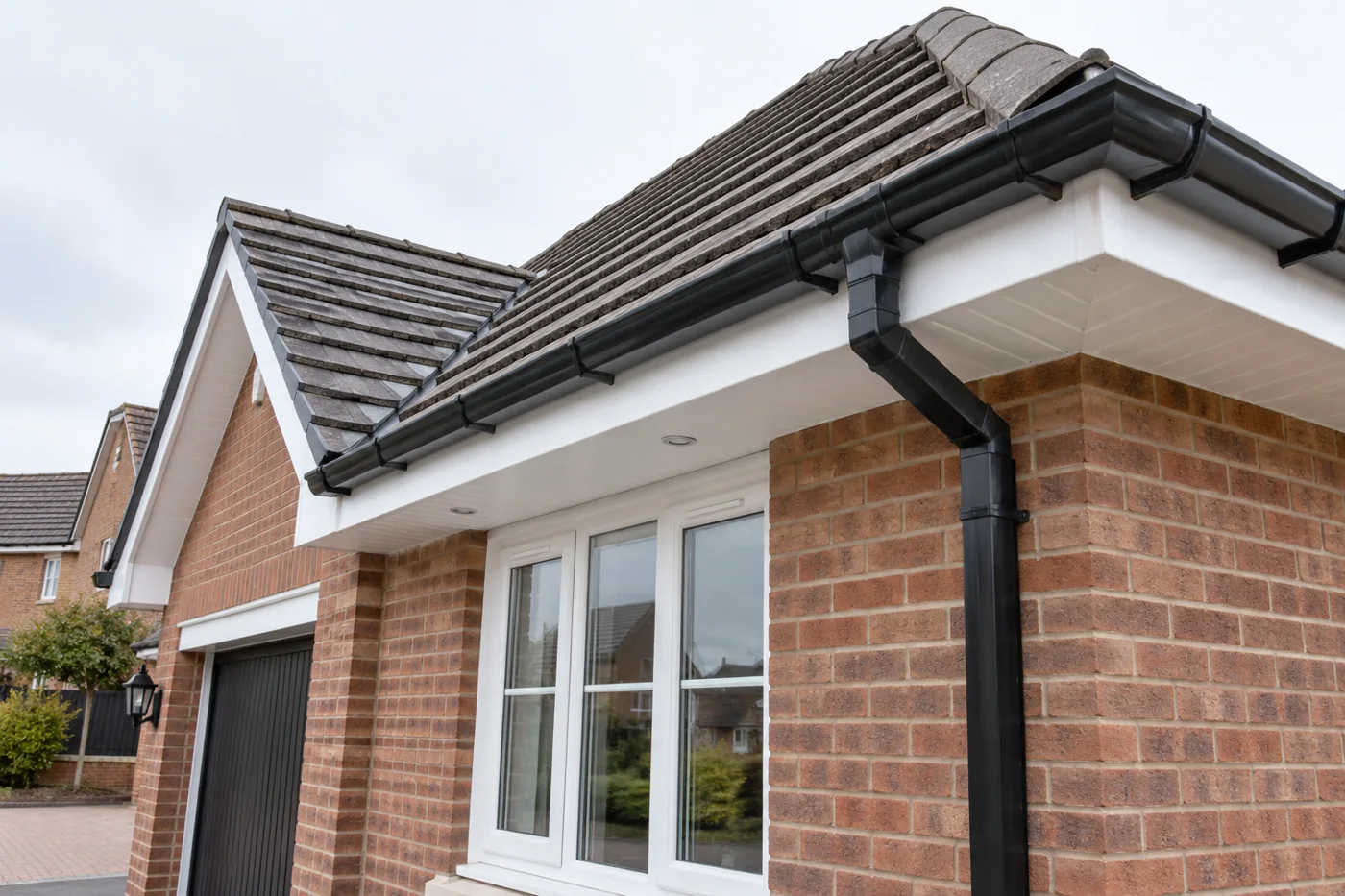 Fascia and soffit beneath tiled domestic eaves