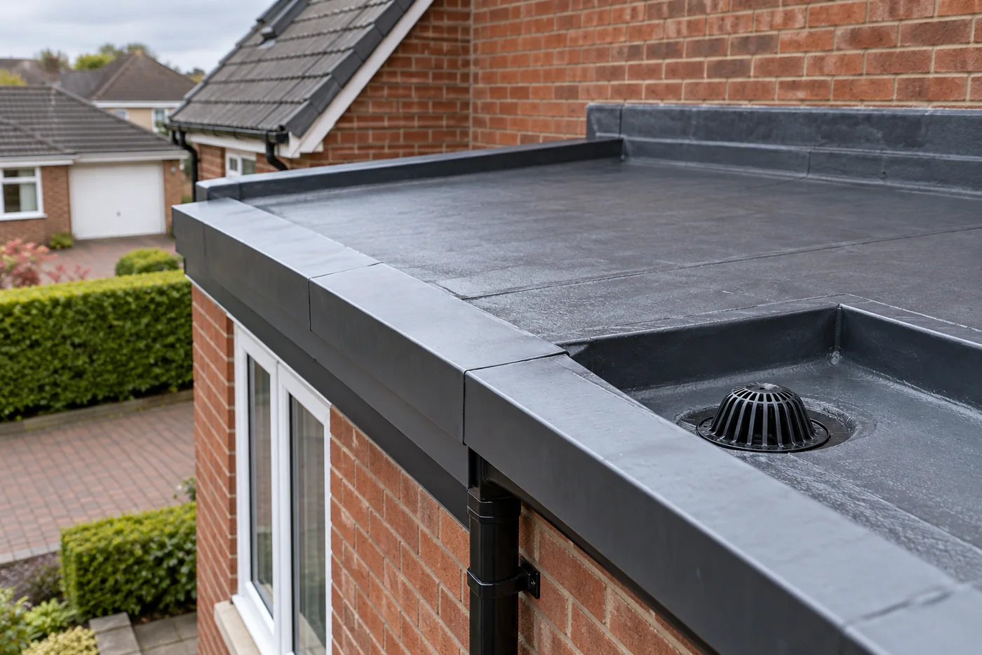 Flat roof perimeter trim and drainage detail