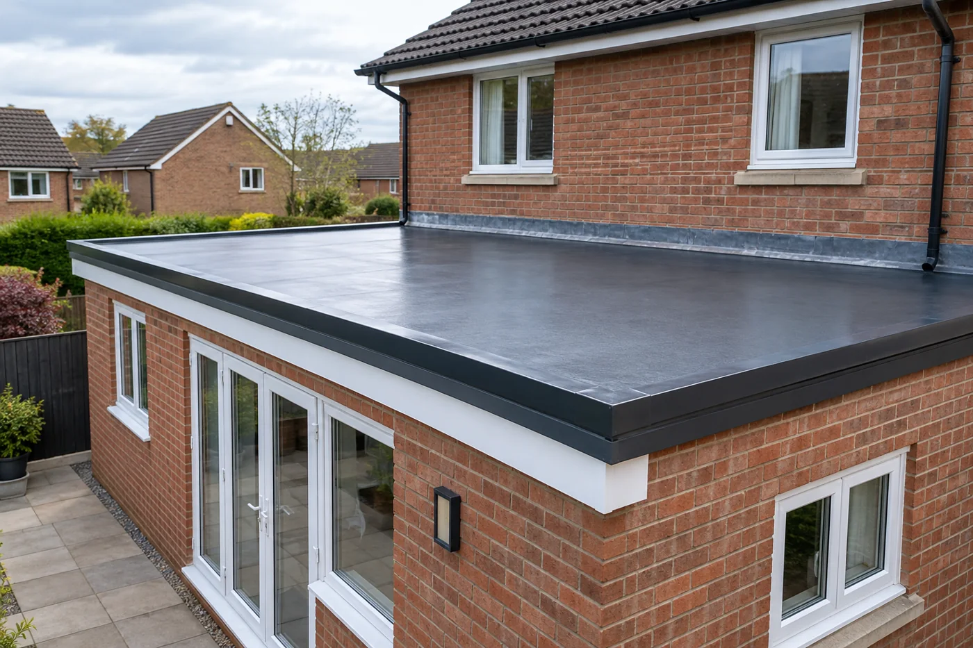 Flat roof extension with dark roof covering