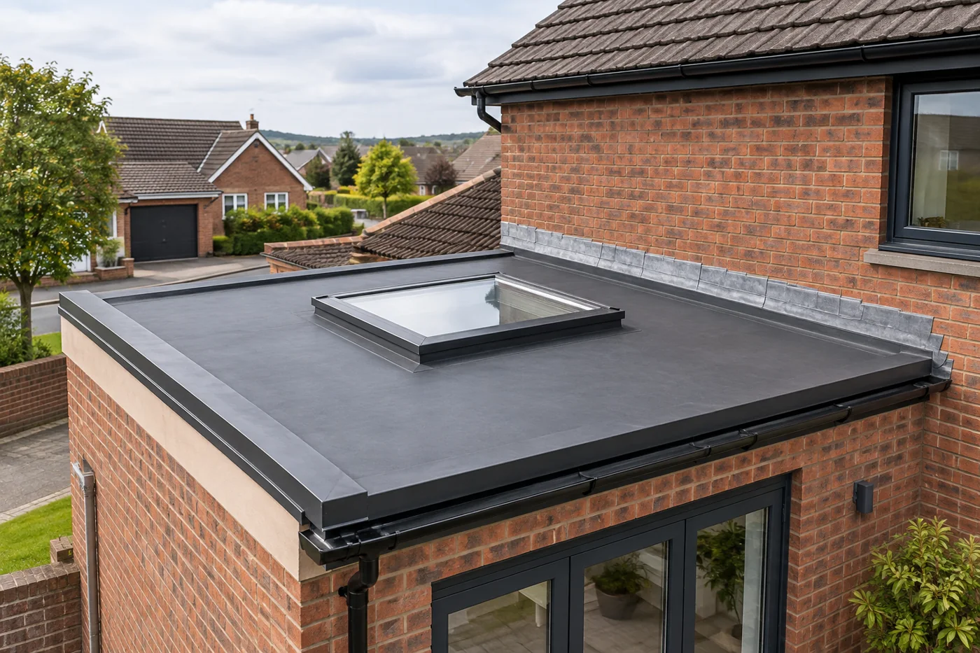 Flat roof with rooflight and wall abutment