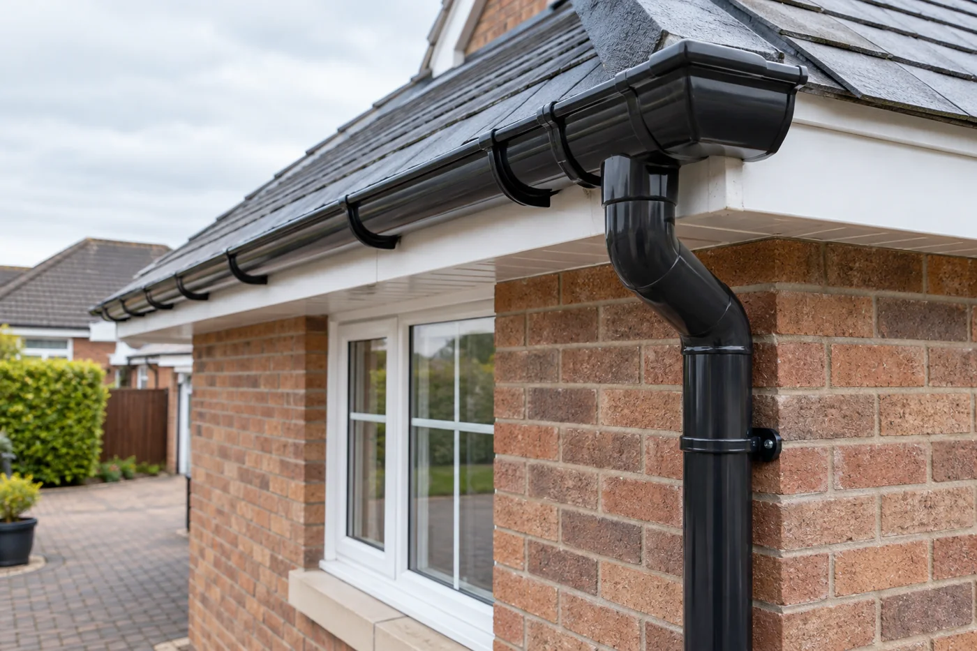 Domestic guttering and downpipe beneath the eaves
