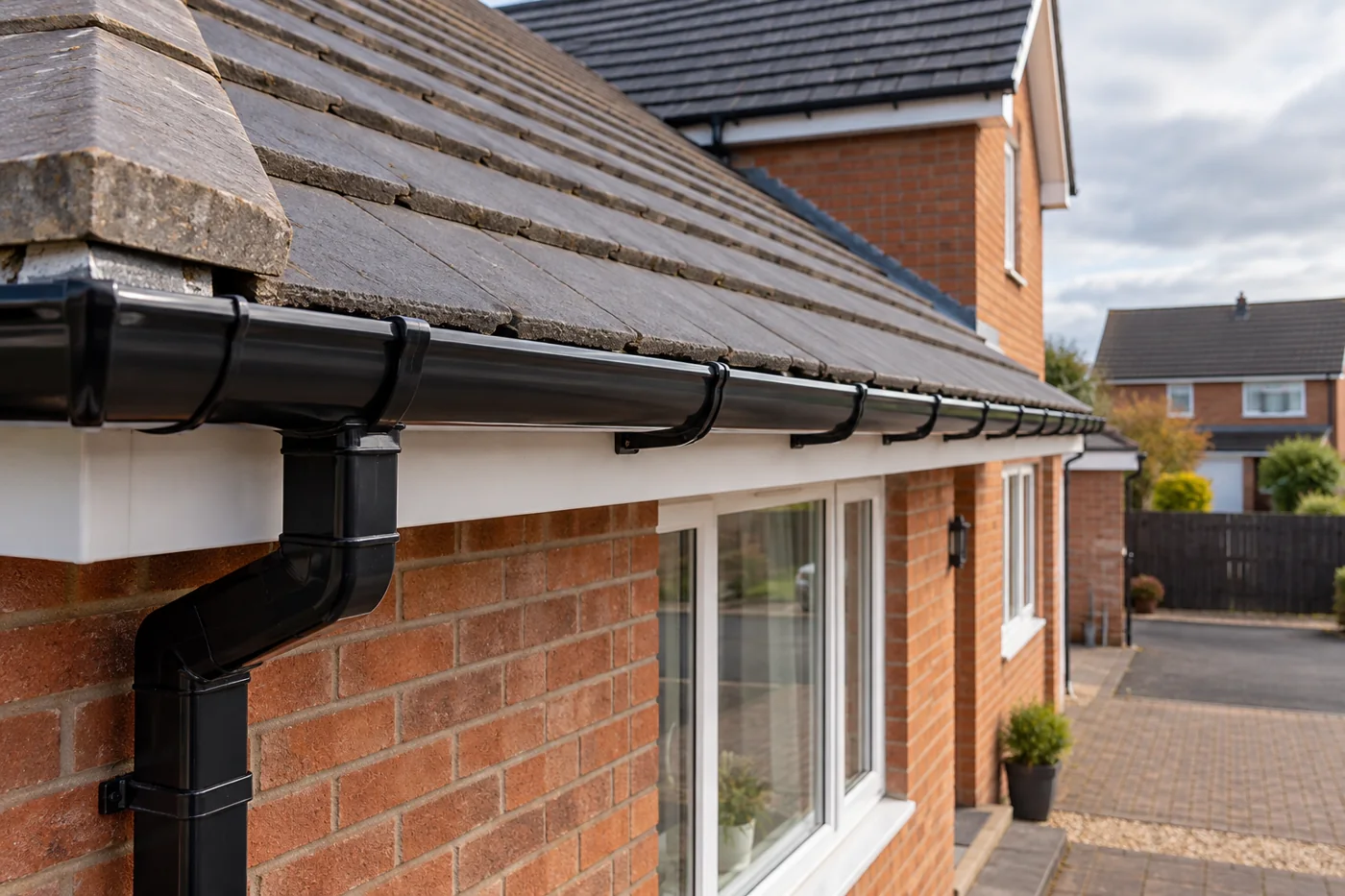 Gutter run and brackets along a roof edge