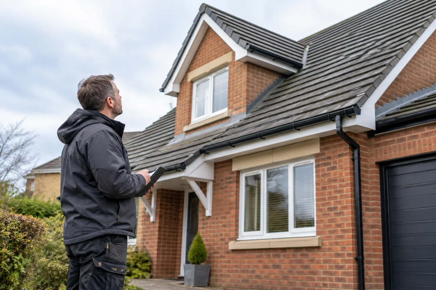 Roofer inspecting a domestic roof from ground level