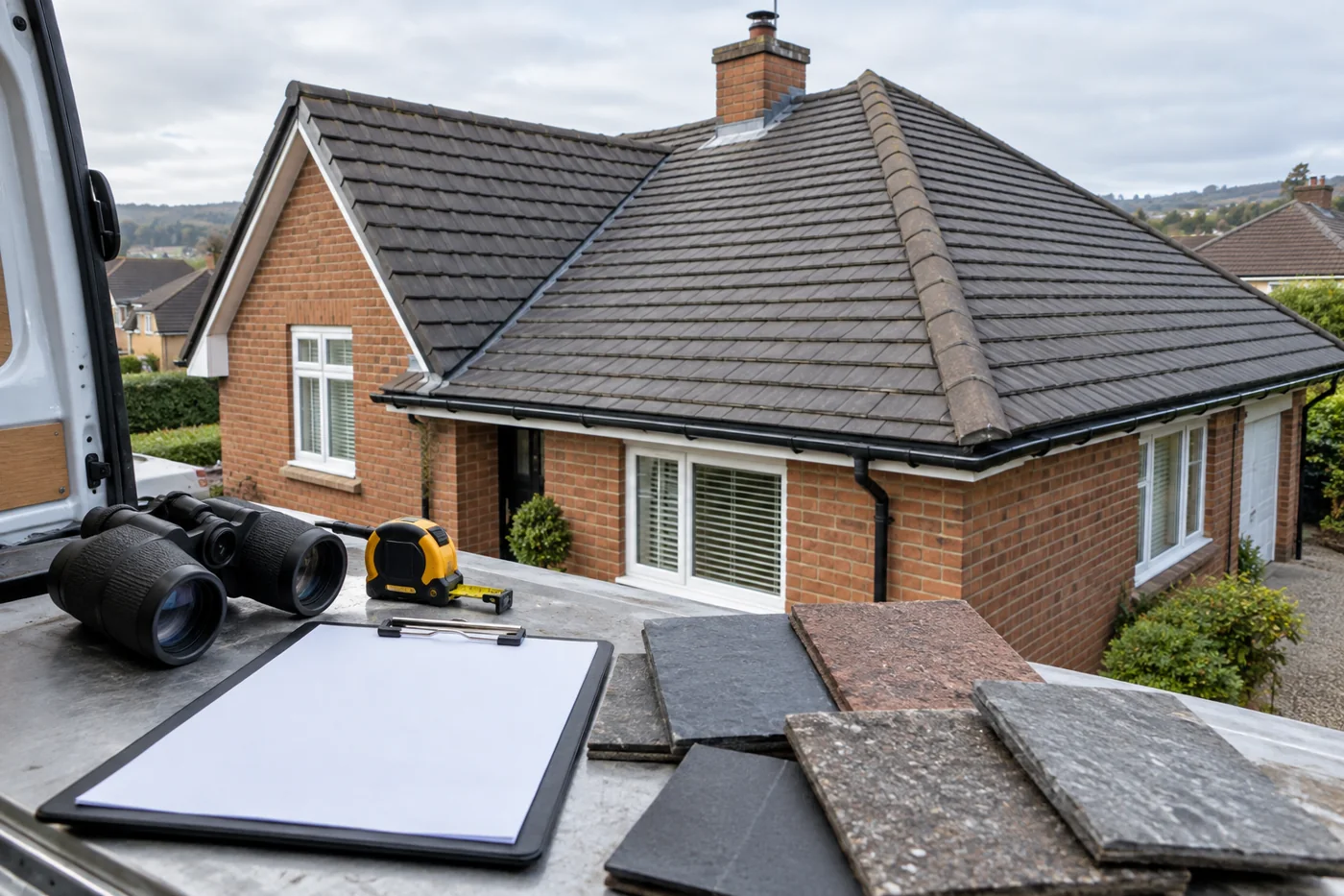 Roof inspection tools and blank clipboard