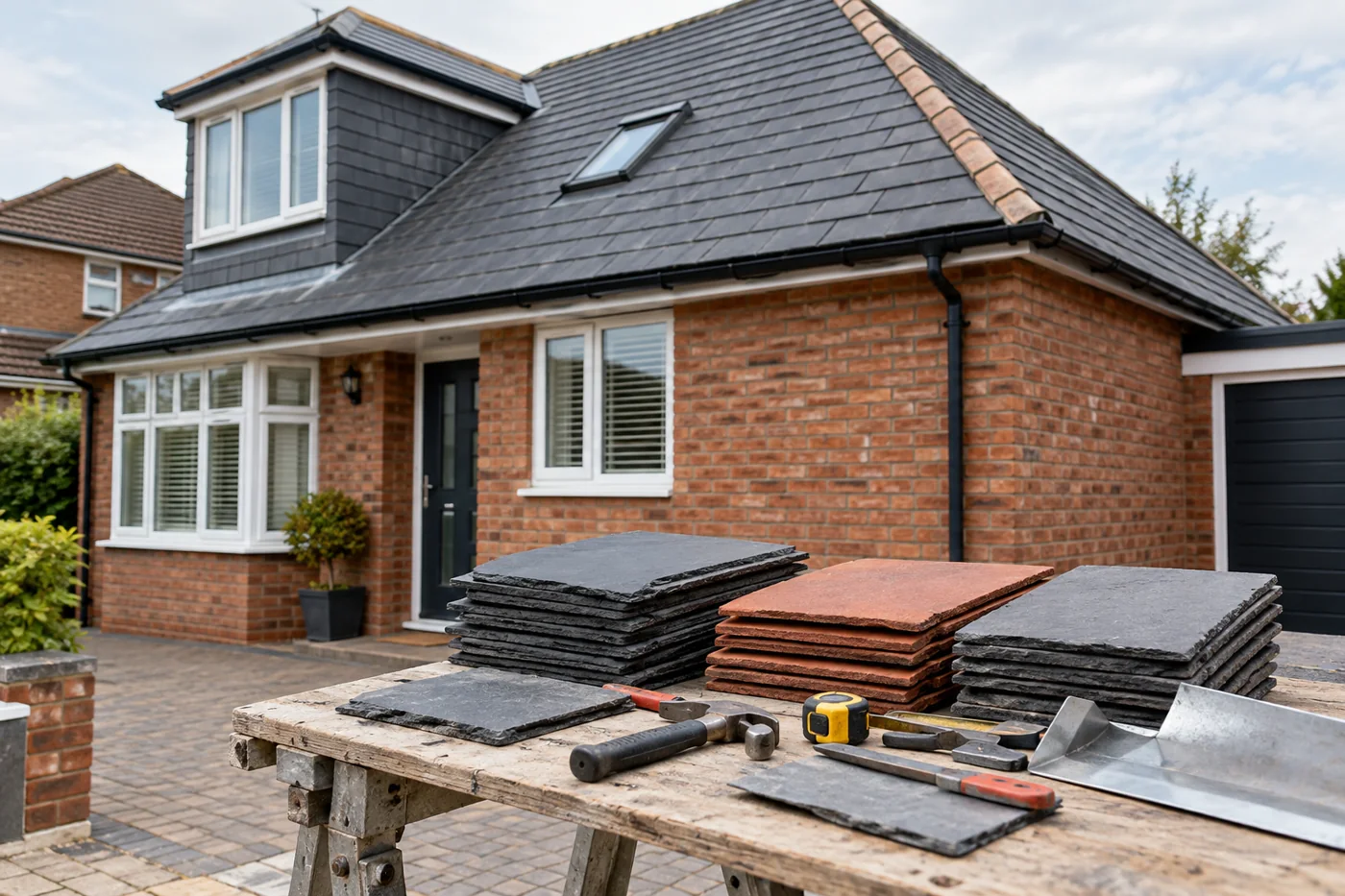 Roofing hand tools with slate and tile samples