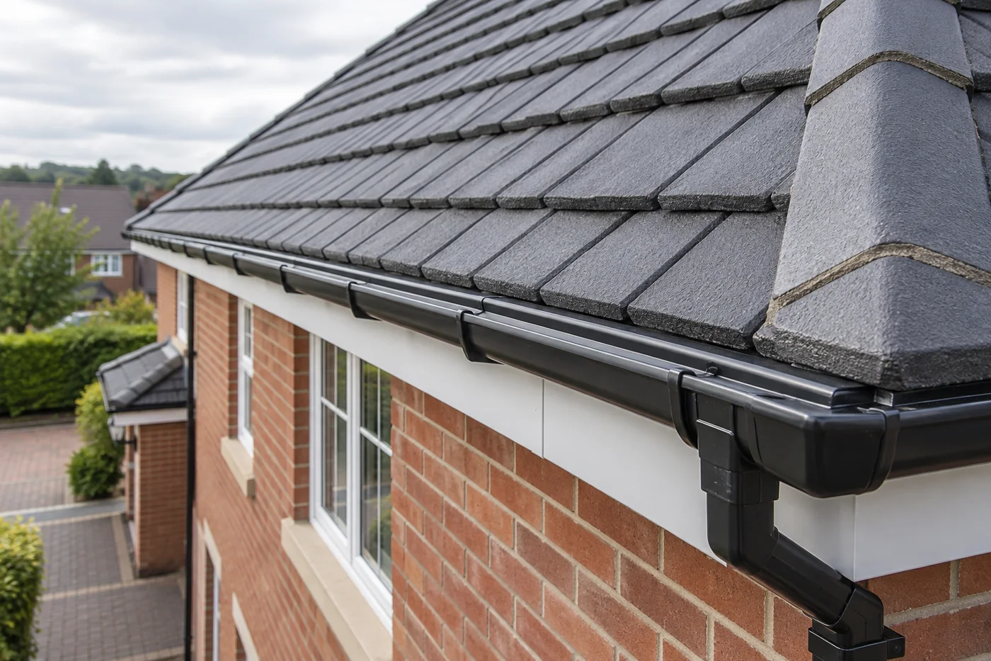 Roof covering, fascia and gutter at the eaves