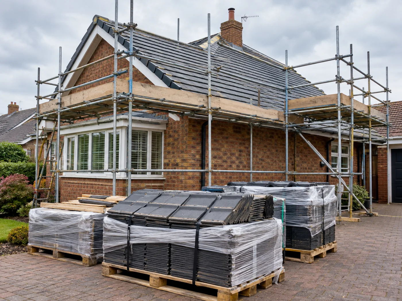 Roofing materials beside a house with guarded scaffolding