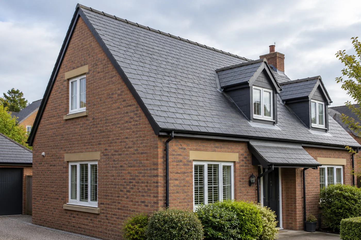 Natural slate pitched roof on a domestic house