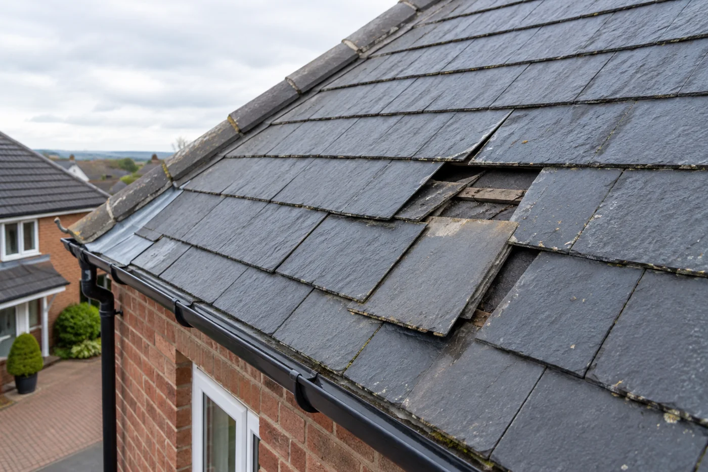 Slipped slates beside intact roof courses