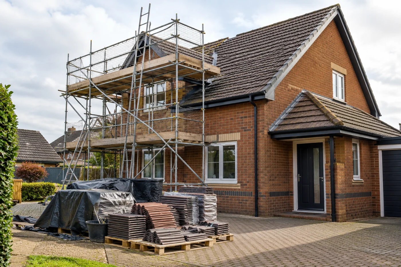Replacement roofing materials and guarded scaffold