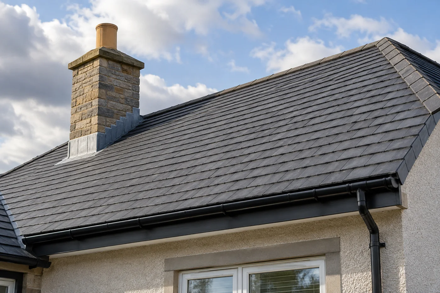 Domestic pitched roof, chimney and rainwater system